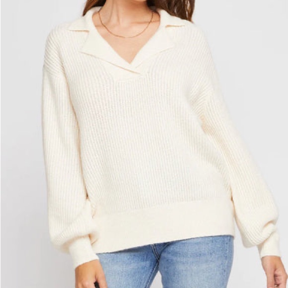 Gentle Fawn Astoria Sweater Knit Collared Oatmeal Cream V Neck Academia Size S - Picture 2 of 10
